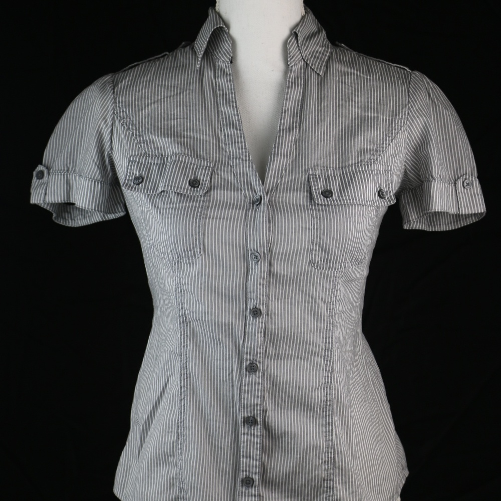 Express Design Studio V Neck Striped Dress Shirt S